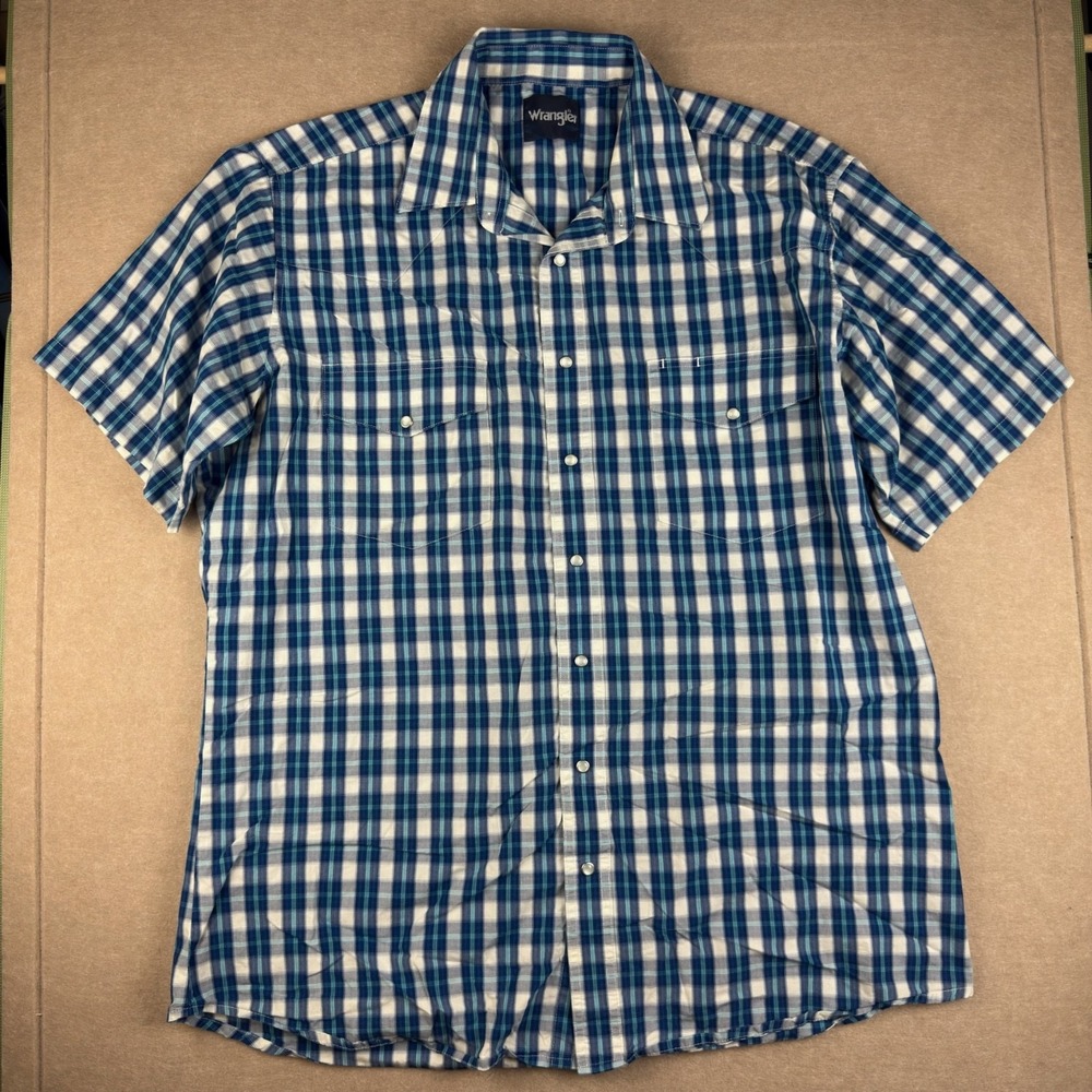 Vintage Wrangler Plaid Button Down Shirt Mens XXL Blue White Single Stitch